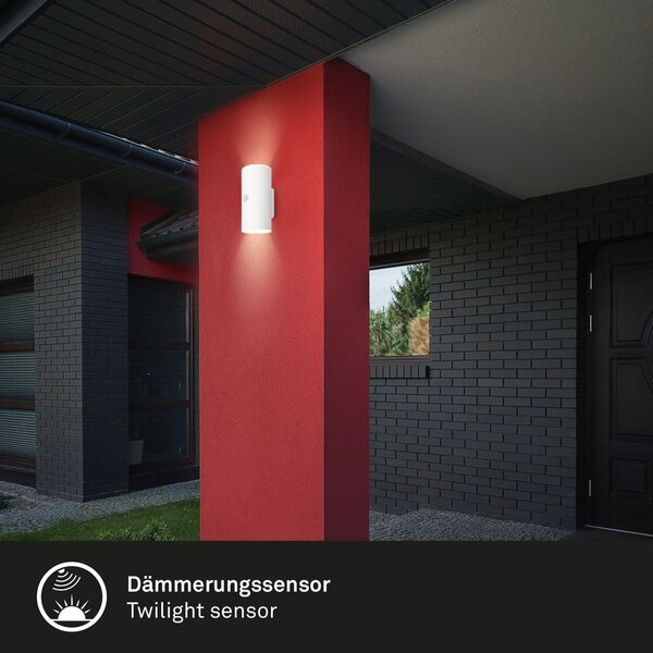 BRI 3787016 Lima LED venkovní nástěnné svítidlo, pohybové čidlo, soumrakový senzor, nabíjecí, bílé - BRILONER