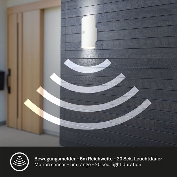 BRI 3787016 Lima LED venkovní nástěnné svítidlo, pohybové čidlo, soumrakový senzor, nabíjecí, bílé - BRILONER