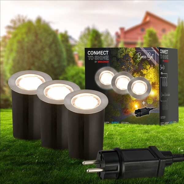 BRI 3916032 CONNECT TO SHINE startovací sada 12V zahradní osvětlení - trafo, 3x LED svítidlo do země, IP67, stříbrná - BRILONER
