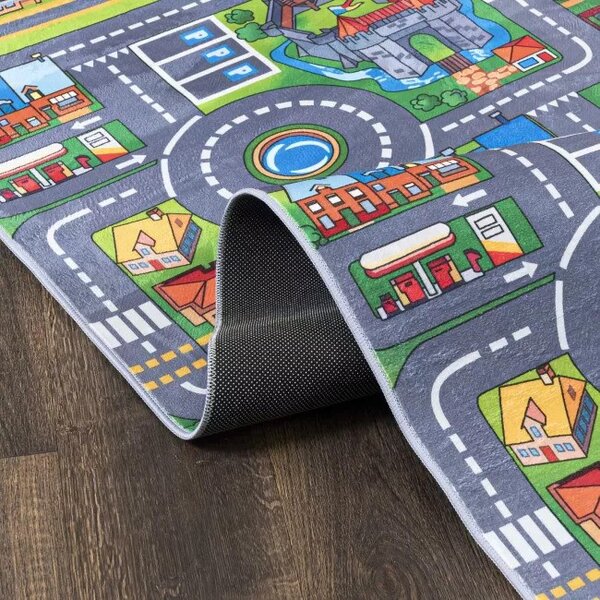 Makro Abra Dětský kusový koberec FLANNEL PRINTED B-529 Město Ulice šedý zelený Rozměr: 80x150 cm