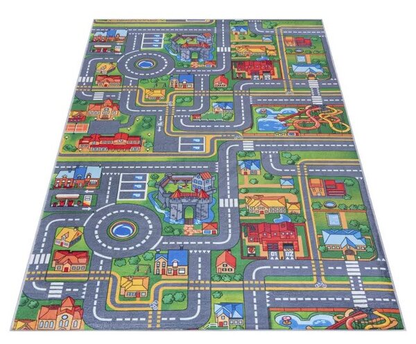 Makro Abra Dětský kusový koberec FLANNEL PRINTED B-529 Město Ulice šedý zelený Rozměr: 80x150 cm