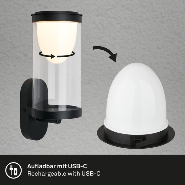 BRI 3930015 LED nabíjecí nástěnné svítidlo, venkovní, dotykový vypínač, vyměnitelné baterie, vč. USB-C kabelu, stmívatelné, IP44, černé - BRILONER