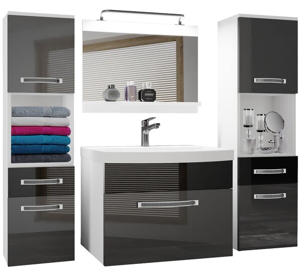 Koupelnový nábytek Belini Premium Full Version šedý lesk / černý lesk + umyvadlo + zrcadlo + LED osvětlení Glamour 107