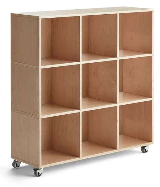 AJ Produkty Regál RICO, 1245x1200x375 mm, 9 přihrádek, kolečka, bříza