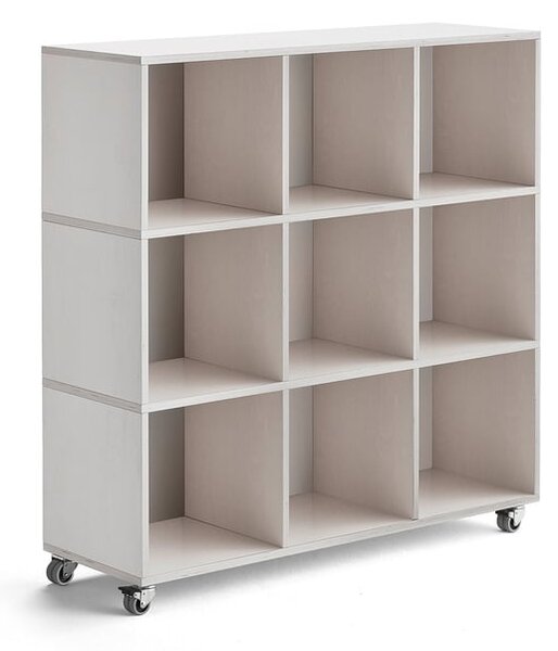 AJ Produkty Regál RICO, 1245x1200x375 mm, 9 přihrádek, kolečka, bílá pigmentovaná