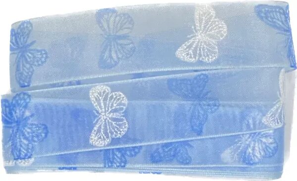 Stuha taftová SPRING BUTTERFLY modrá 25mm x 2m (6,- Kč/m)