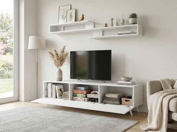 TV stolek MIYA 150 cm s nástěnnou policí, bílý