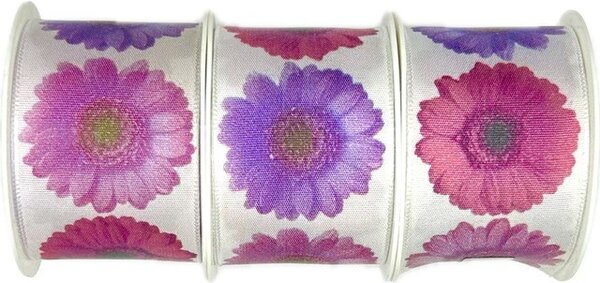 Set 3x Stuha taftová GERBERA PURPLE fotopotisk Gerbera 3x (40mm x 2m)