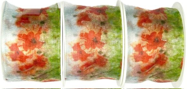 Set 3x Stuha organzová POPPIES červené vlčí máky 3x (40mm x 2m)