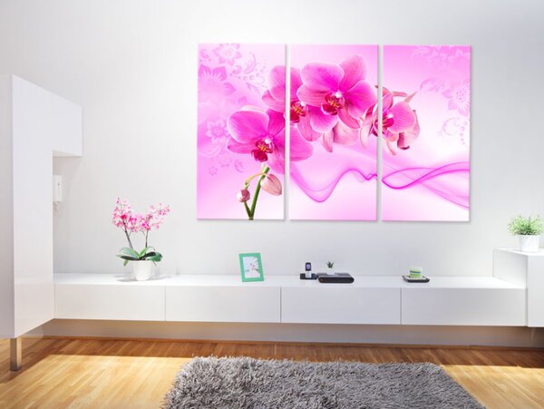Obraz Éterická orchidej (3-dílný) - růžové květy na vzorovaném pozadí