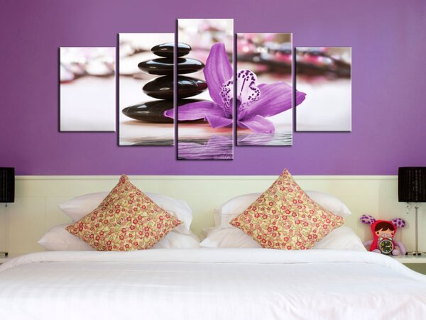 Obraz Motiv orientu (5-dílný) - fialové orchideje a kameny zen
