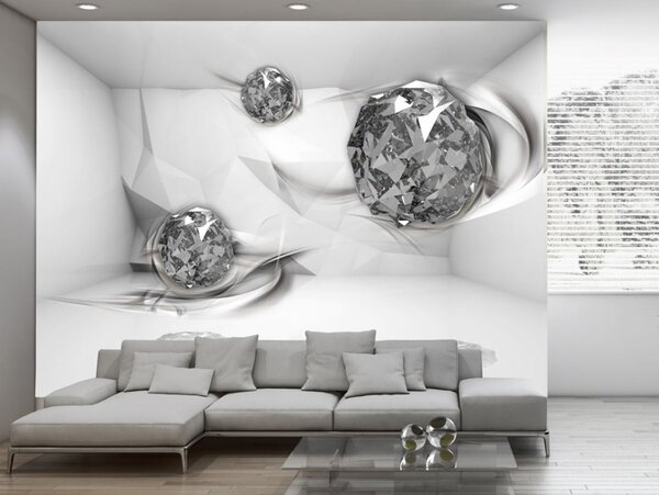 Fototapeta Diamantová komnata - bílý prostor se skleněnými koulemi a stínem