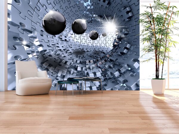 Fototapeta Abstraktní puzzle - tunel ze stříbrných puzzle s koulemi v iluzi 3D