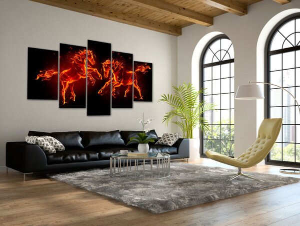 Obraz Ohniví koně (5-dílný) - abstrakce s motivem zvířat z ohně