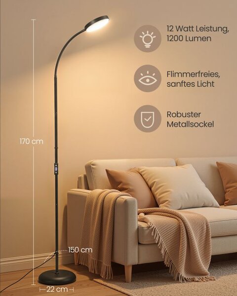 Moderní LED stojací lampa, černá, 2700–6500K, 15W, 170 cm