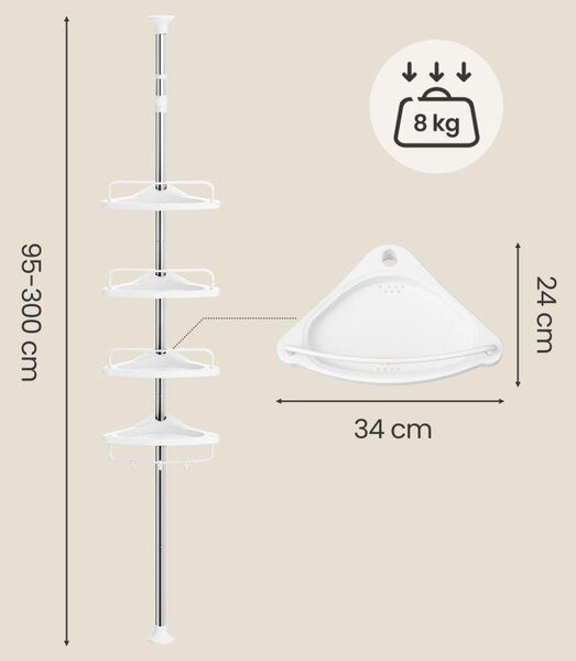 Nastavitelná sprchová police bílá, 4 patra, nerez, 95–300 cm