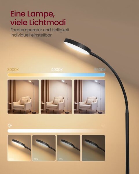 Moderní LED stojací lampa, černá, 2700–6500K, 15W, 170 cm