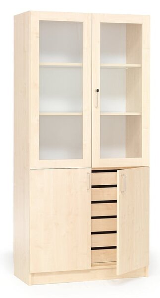 AJ Produkty Šicí skříň THEO, se zásuvkami, půlené prosklené dveře, 2100x1000x470mm, bříza