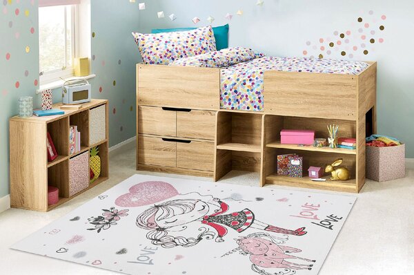 Dětský kusový koberec vhodný k praní BAMBINO 2644 Holčička Jednorožec bílý růžový Rozměr: 80x150 cm