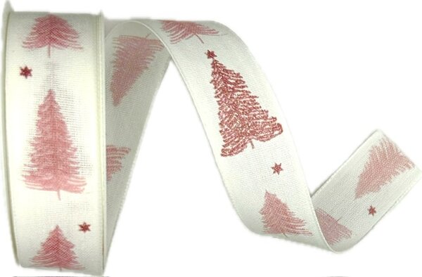 Stuha vánoční WINTER TREE BLUSH PINK bílá 25mm x 2m (12,-Kč/m)
