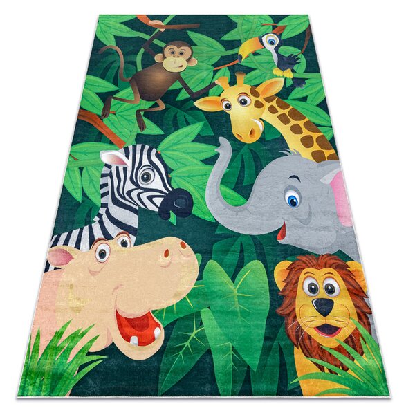 Makro Abra Dětský kusový koberec vhodný k praní BAMBINO 2705 Afrika Zvířátka, Lev Opice Hroch zelený Rozměr: 80x150 cm