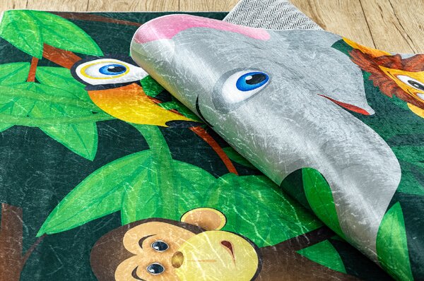 Makro Abra Dětský kusový koberec vhodný k praní BAMBINO 2705 Afrika Zvířátka, Lev Opice Hroch zelený Rozměr: 80x150 cm