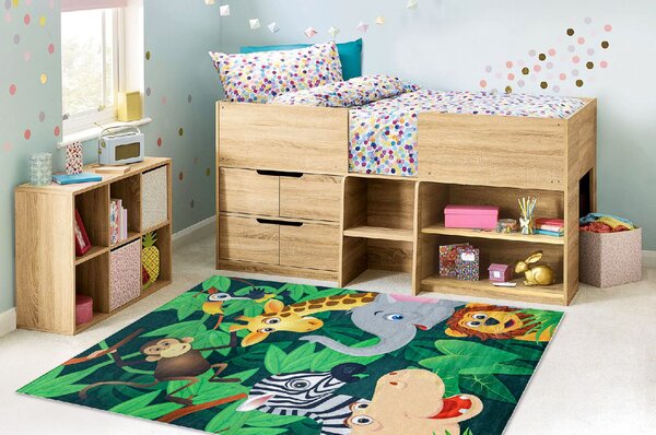 Makro Abra Dětský kusový koberec vhodný k praní BAMBINO 2705 Afrika Zvířátka, Lev Opice Hroch zelený Rozměr: 80x150 cm