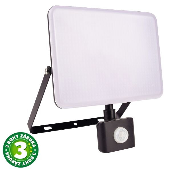 Prémiový bezrámový LED reflektor s čidlem pohybu černý, 50W, 4750lm, denní, 3 roky