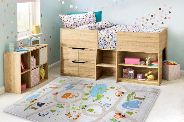 Makro Abra Dětský kusový koberec vhodný k praní BAMBINO 50230 Uličky Zvířátka Auta ZOO béžový zelený Rozměr: 80x150 cm