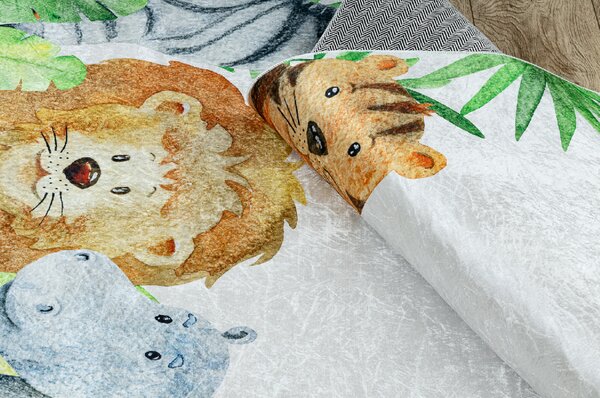 Makro Abra Dětský kusový koberec vhodný k praní BAMBINO 54090 Hroch Lev Žirafa Opička bílý zelený Rozměr: 80x150 cm