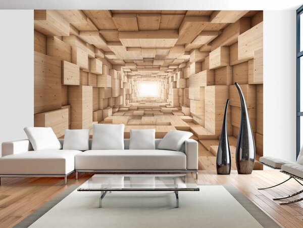Fototapeta Tunel s světlem - abstraktní prostor s dřevěnými kostkami