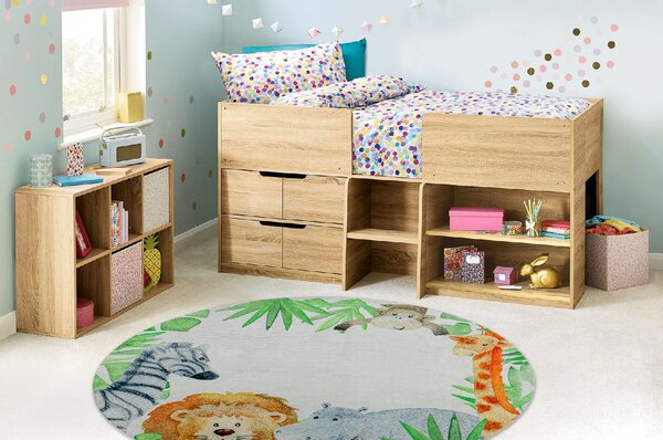 Makro Abra Kulatý dětský koberec vhodný k praní BAMBINO 54090 Hroch Lev Žirafa Opička bílý zelený Rozměr: průměr 80 cm