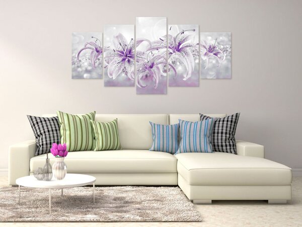Obraz Fialové rozkvetlé (5-dílný) - světlá kompozice s květinami lilie