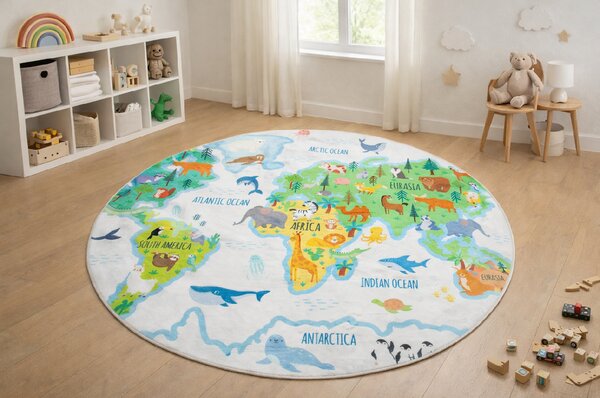 Makro Abra Kulatý dětský koberec KIDS 250321N Mapa Světa Rozměr: průměr 140 cm