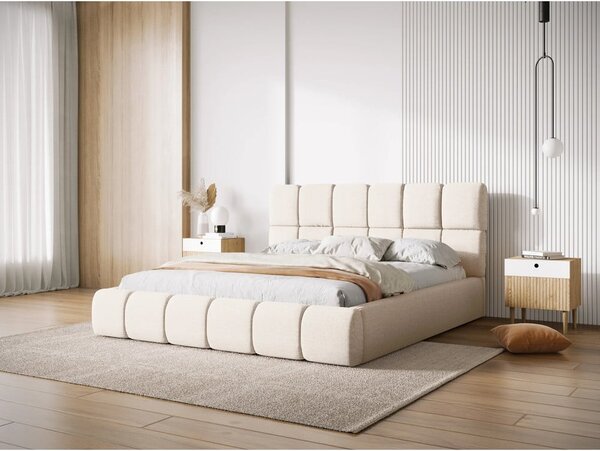 Krémová čalouněná dvoulůžková postel s úložným prostorem s roštem 160x200 cm Bellis – Micadoni Home