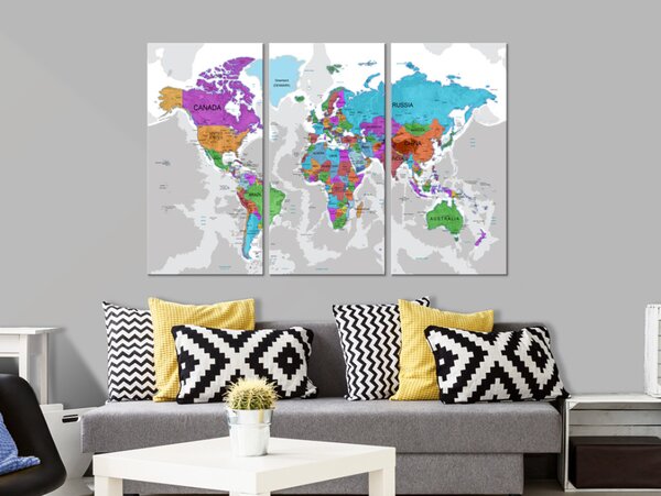 Obraz Barevné kontinenty (3-dílný) - politická mapa světa s státy