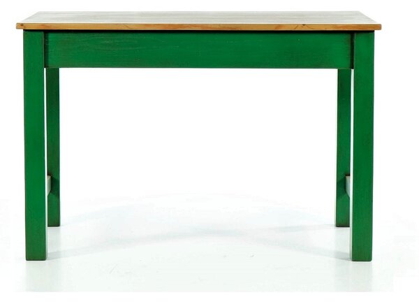 Zelený stůl s mořenou deskou z masivního smrkového dřeva