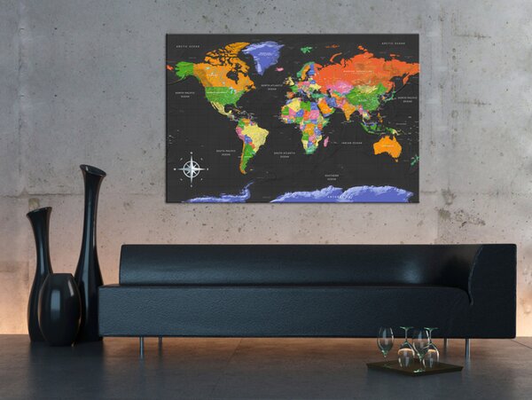 Obraz Oceán v černé (1-dílný) - Barvotisková mapa světa v angličtině