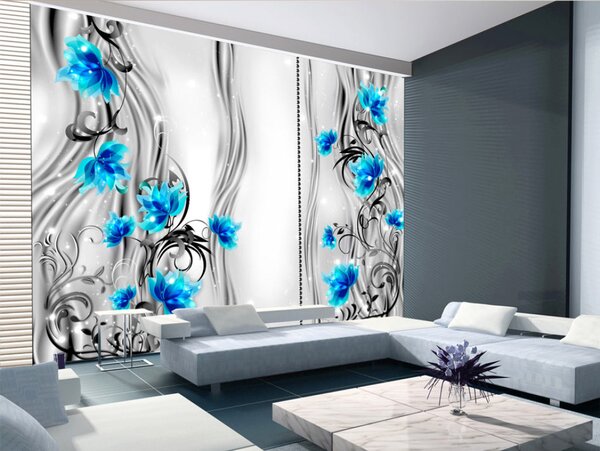 Fototapeta Květující tyrkysové - modré květy na pozadí s třpytivými ornamenty