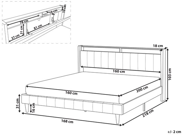 LED postel Tkanina BEAULIEU 160 x 200 cm s úložným prostorem s USB portem Tmavě šedá