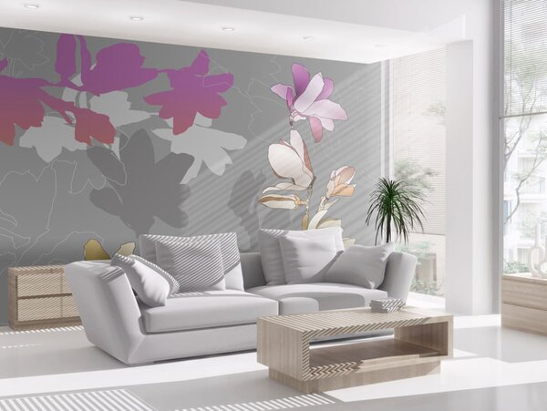 Fototapeta Grafické květiny - barevné magnólie na větvi se stínem na šedém pozadí