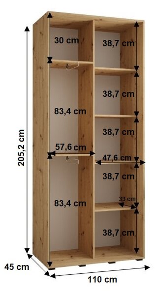 Šatní skříň YVONA 3 - 110/45 cm, dub artisan / bílá / stříbrná