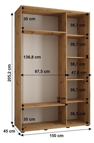 Šatní skříň BAYLIN 1 - 150/45 cm, černá / dub artisan / černá