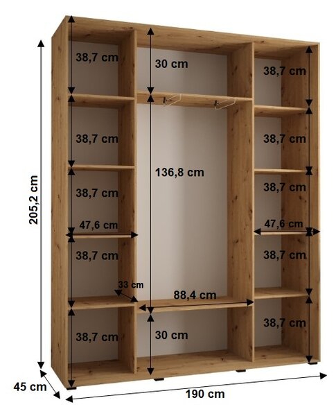 Šatní skříň YVONA 1 - 190/45 cm, černá / bílá / stříbrná