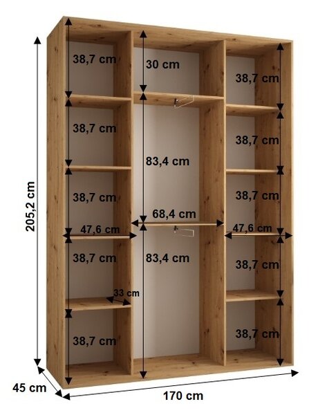 Šatní skříň YVONA 3 - 170/45 cm, dub artisan / stříbrná