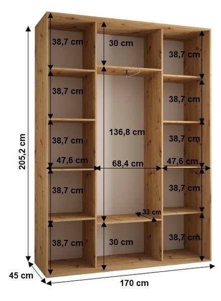 Šatní skříň YVONA 3 - 170/45 cm, dub artisan / stříbrná