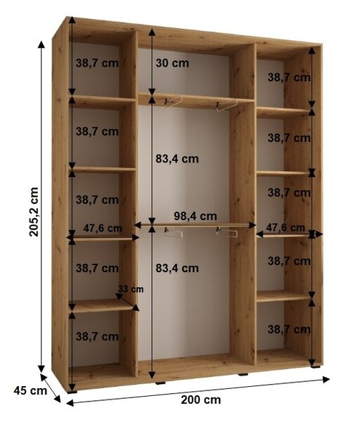 Šatní skříň YVONA 3 - 200/45 cm, bílá / dub artisan / stříbrná