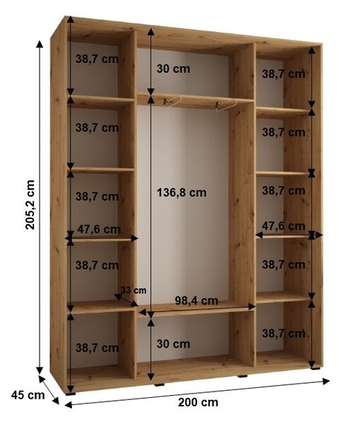 Šatní skříň BAYLIN 2 - 200/45 cm, dub artisan / dub artisan / černá
