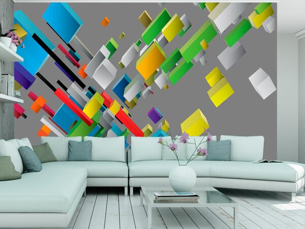 Fototapeta 3D puzzle - barevná geometrická abstrakce ve šedém prostoru