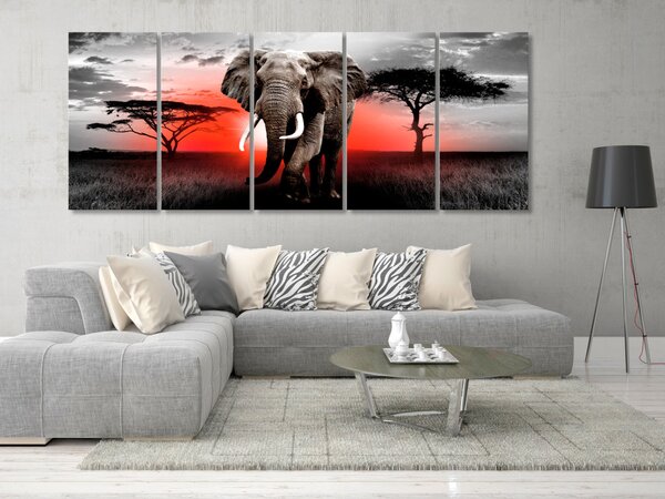 Obraz Soumrak nad savanou (5 dílů) - slon na pozadí afrického slunce
